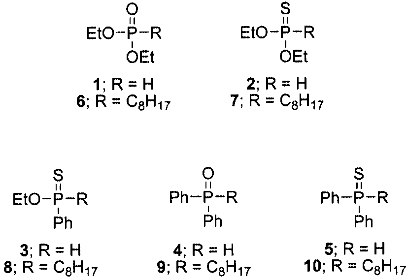 Phosphorus hydrides and the adducts from addition to 1-octene.