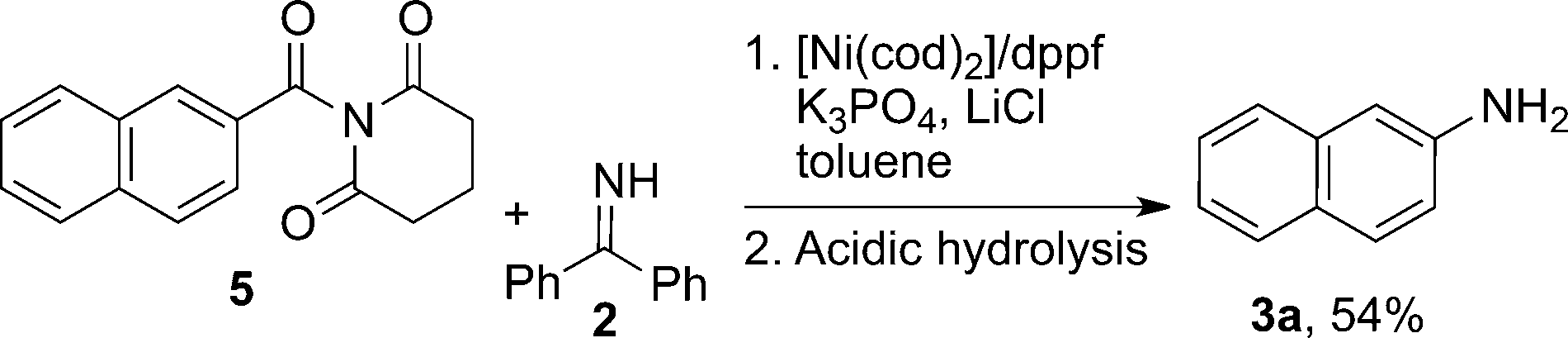 Nickel-catalyzed decarbonylative amination of naphthyl  amide. dppf=1,1’-bis(diphenylphosphanyl)ferrocene. 