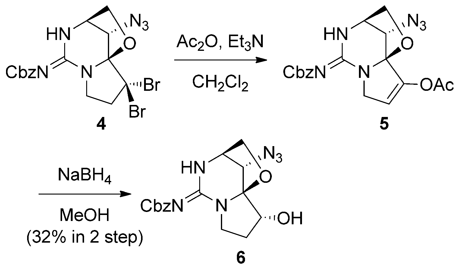 The novel transformation of a gem-CBr2 group to enol acetate followed by reduction, employed in the total synthesis of an analogue of saxitoxin.