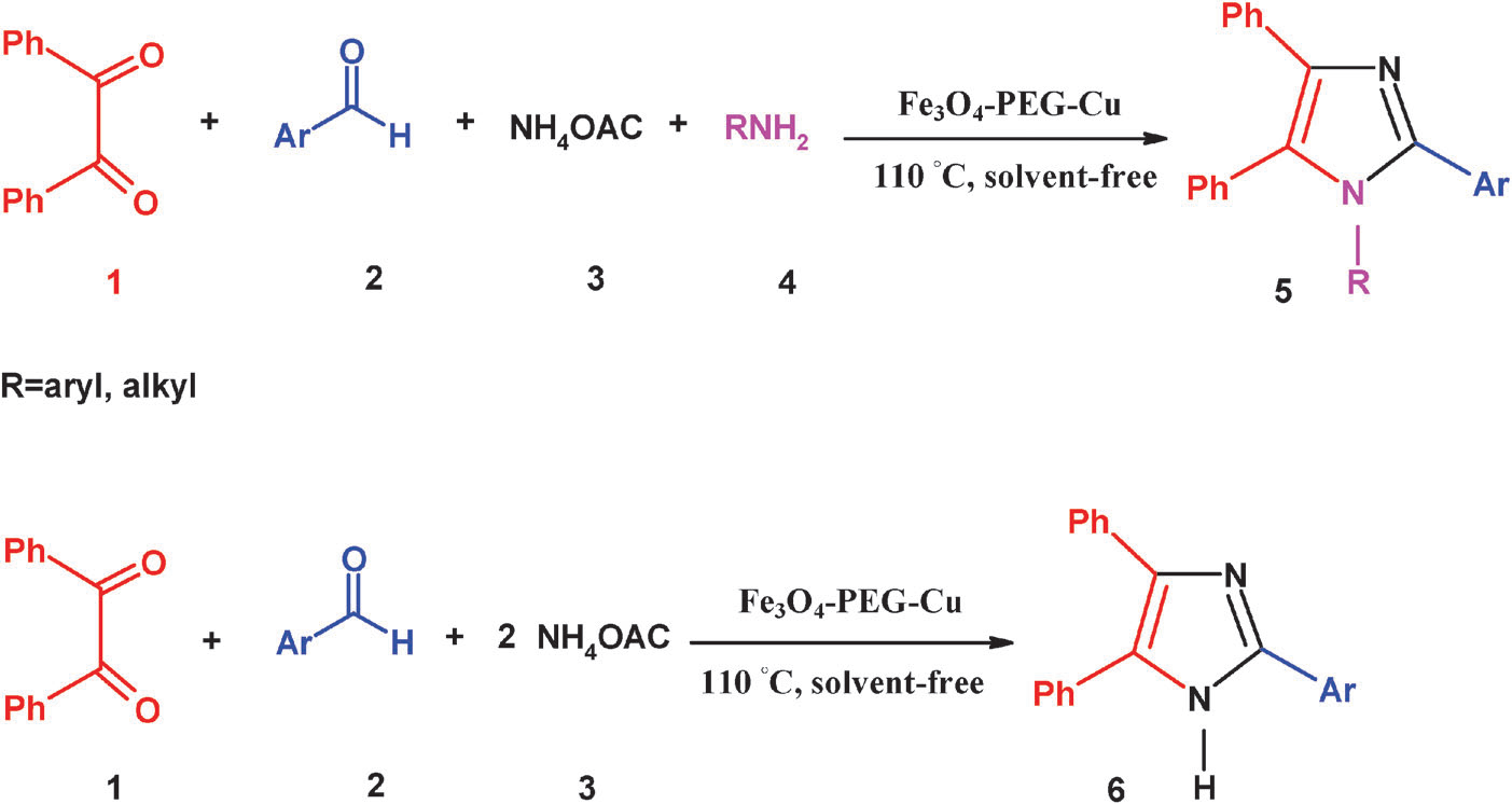 Synthesis of 1,2,4,5-tetrasubstituted/2,4,5-trisubstituted imidazoles by a multi-component reaction of benzil, aldehydes, NH4OAc, and amine by the Fe3O4–PEG–Cu catalyst under solvent-free conditions.
