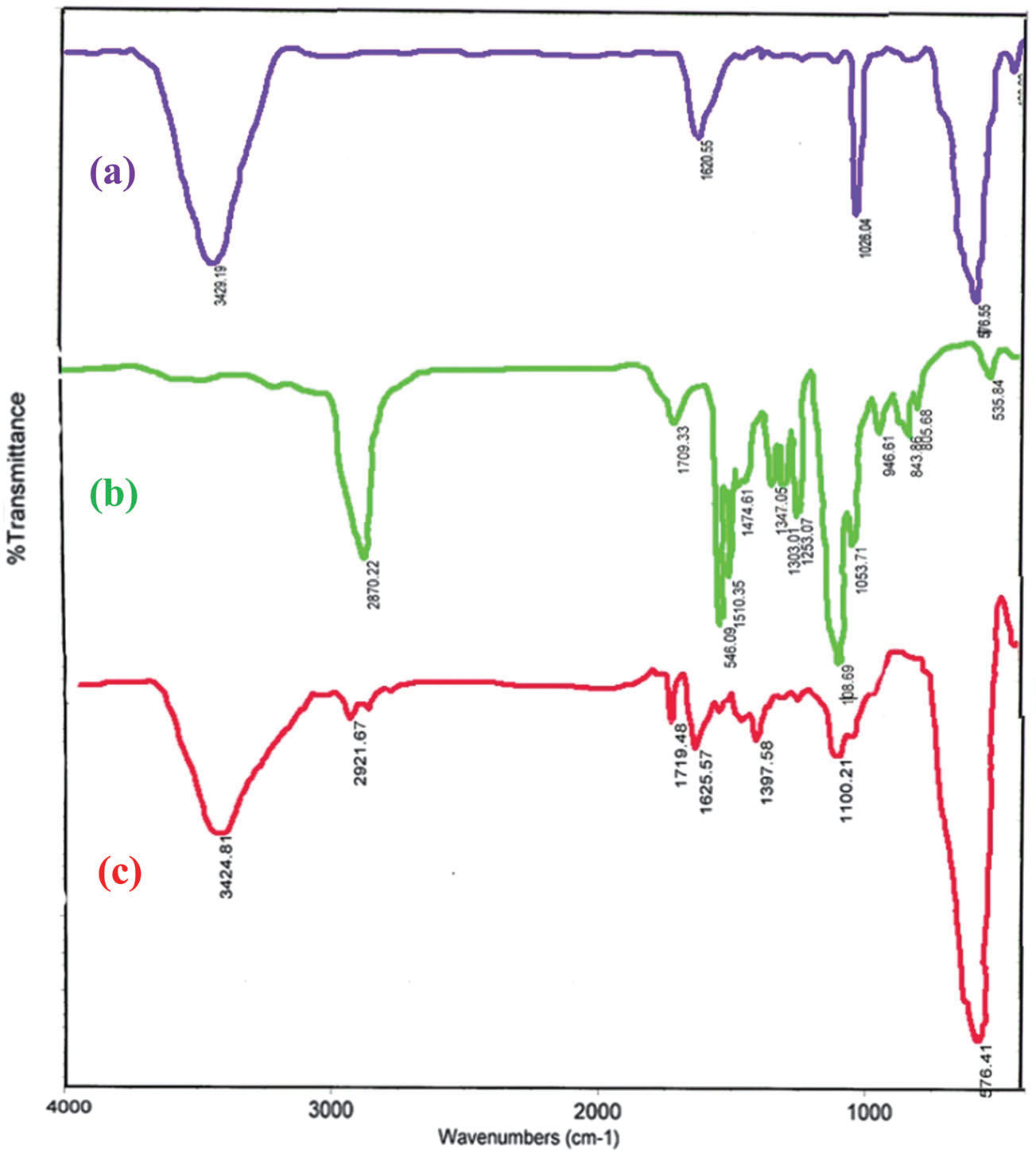 The comparative FT-IR spectra of (a) Fe3O4MNPs, (b) PEG-Cl4 and (c) Fe3O4–PEG.