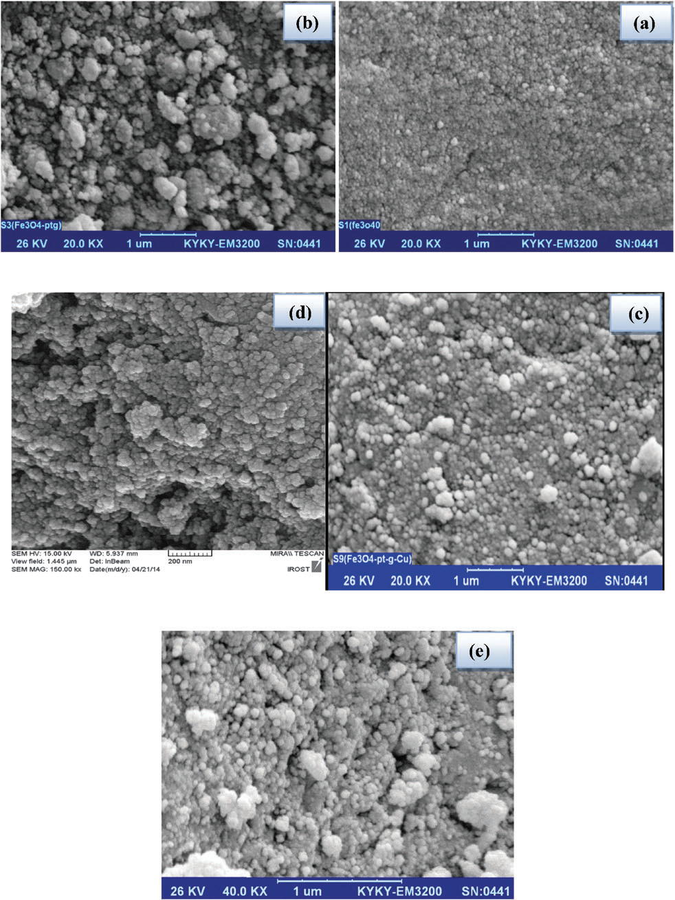 The SEM image of (a) Fe3O4 MNPs, (b) Fe3O4–PEG, (c) Fe3O4–PEG–Cu, (d) FE-SEM Fe3O4–PEG–Cu and (e) SEM recovered Fe3O4–PEG–Cu.