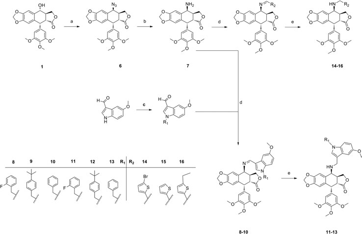 Synthesis route, conditions and reagents of the target compound: (a) NaN3, CF3COOH, CH2Cl2; (b) HCOONH4, 10% Pd/C, CH3COOC2H5; (c) NaH, DMF; (d) HAc, CH3OH; (e) NaBH4, CH3OH.