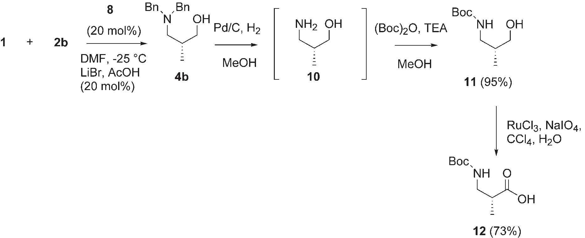 Asymmetric synthesis of Boc-protected (R)-3-amino-2-methyl-propanoic acid 12.