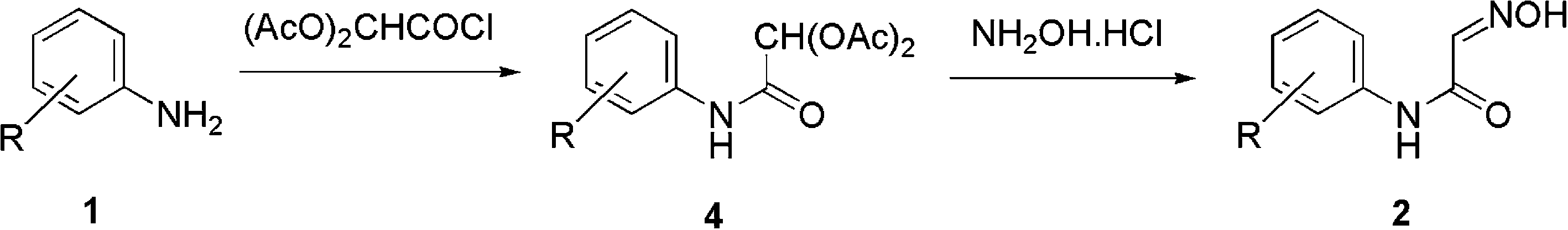 Two-step synthesis of isonitrosoacetanilides.
