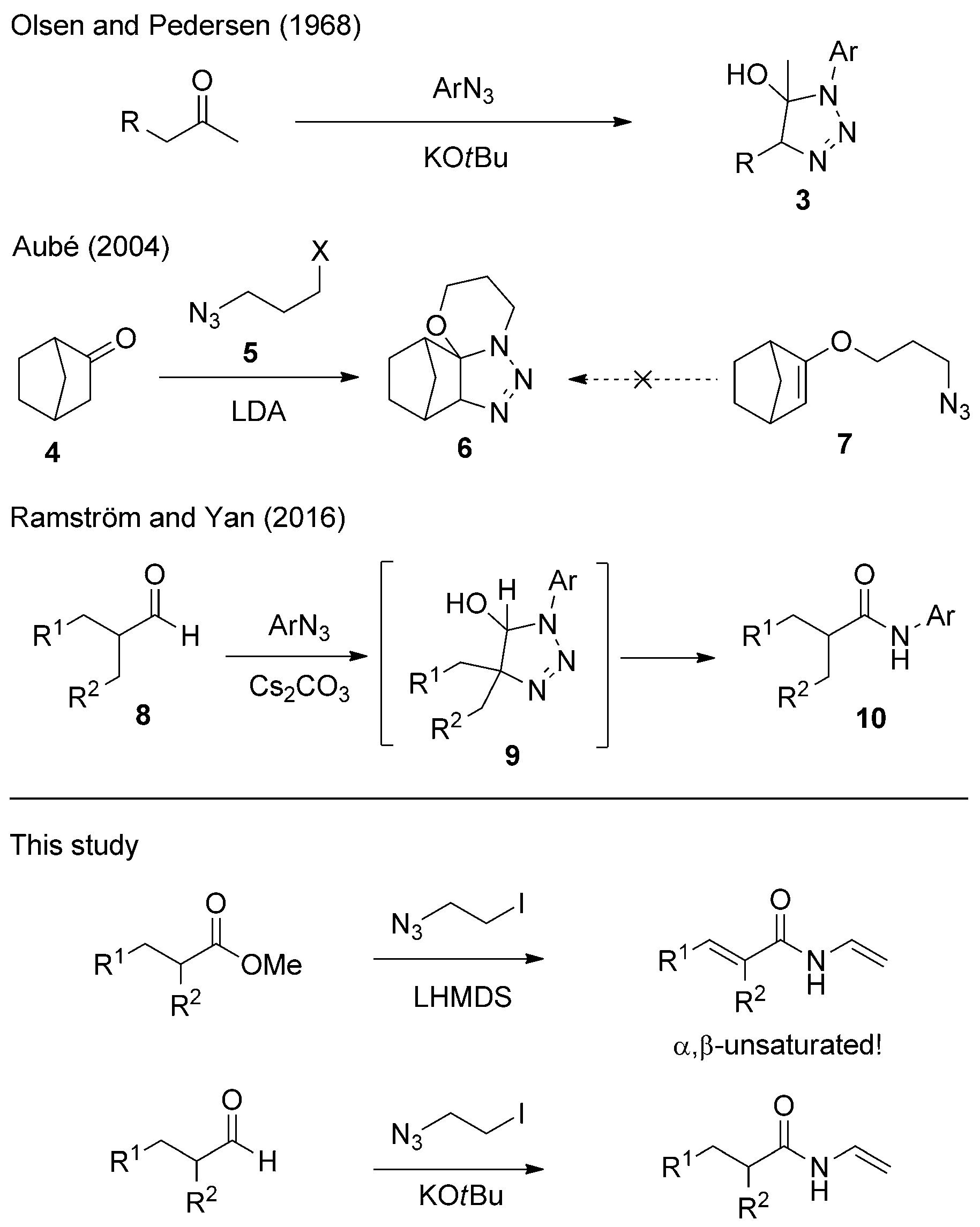 Azide–enolate [3+2] cycloaddition reactions implicated in amide and triazoline synthesis. LDA=lithium diisopropylamide, LHMDS=lithium hexamethyldisilazide.