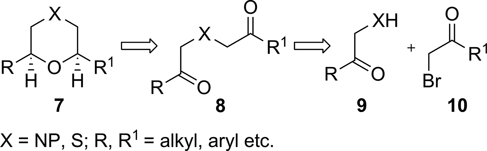Retrosynthesis for 2,6-disubstituted morpholine and 1,4-oxathianes 7.