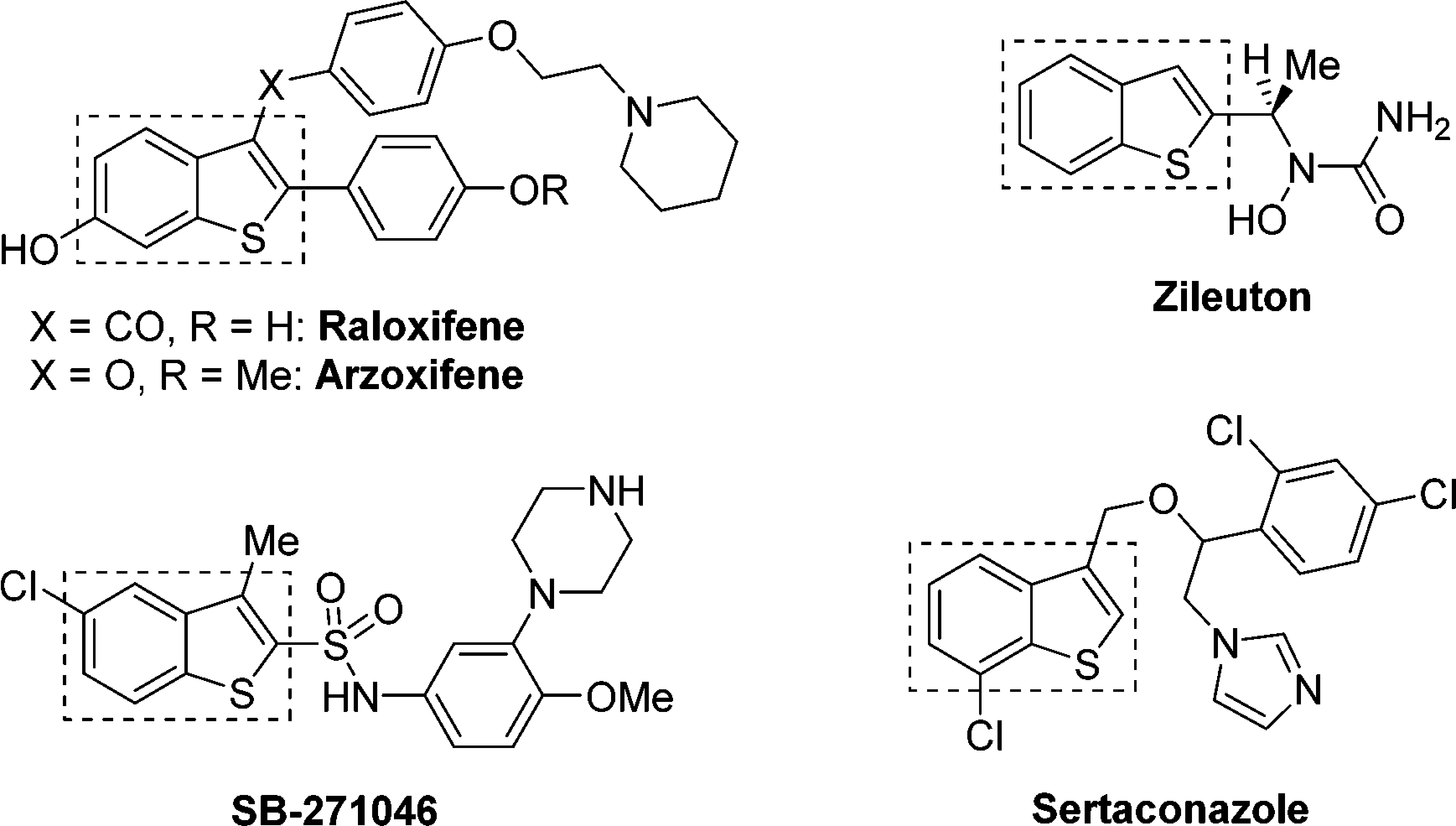 Pharmaceuticals containing the benzo[b]thiophene core structure: raloxifene, arzoxifene, zileuton, SB-271046, sertaconazole