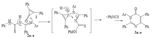 Pyrimidin-4(3H)-ones 3a–e from reaction of N-imidoylthioureas 2a–e with 1.