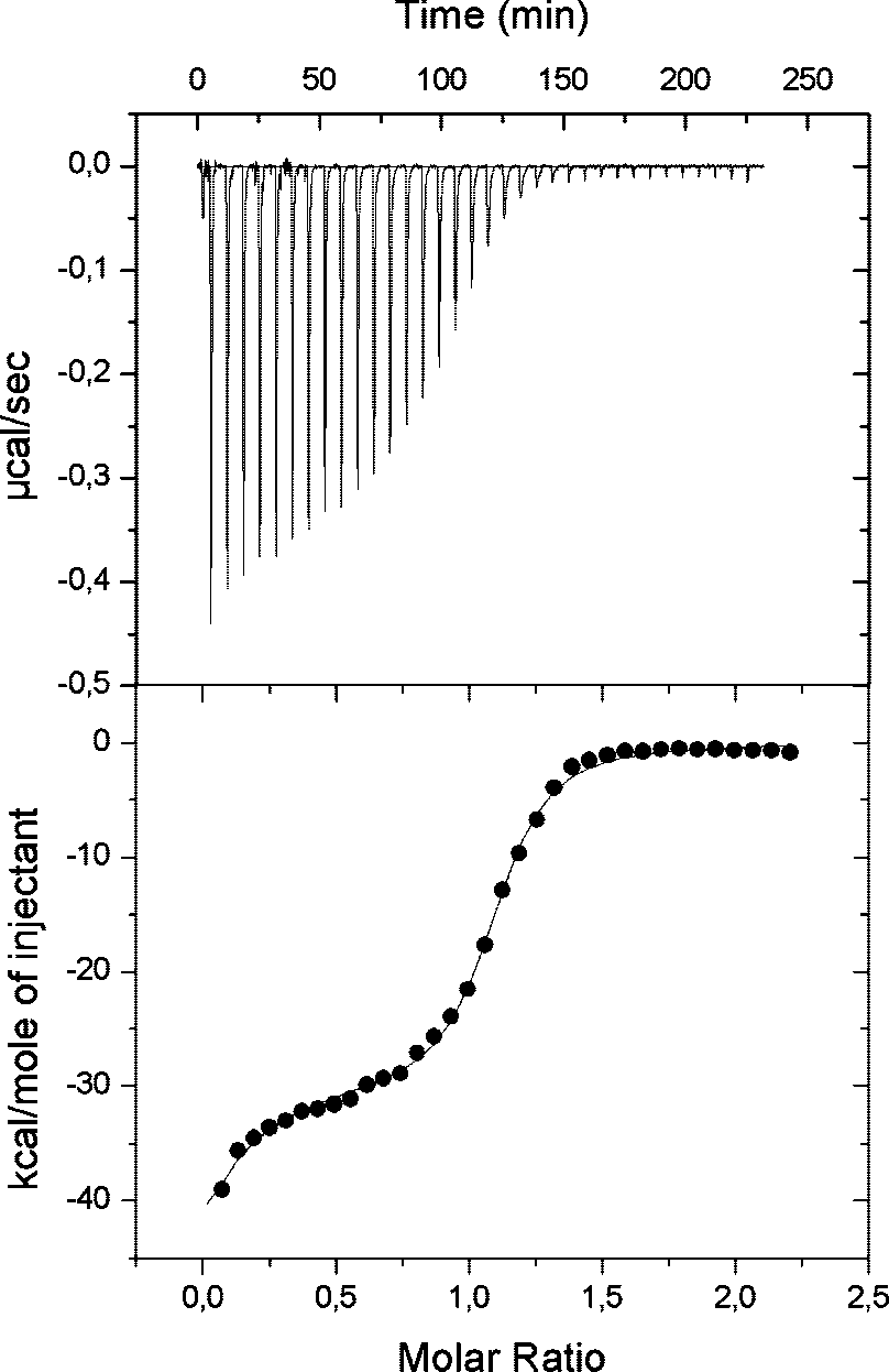 Isothermal titration of inhibitor 21 with BHMT. Titration was performed at 25°C in 50 mM HEPES/NaOH, pH 7.5, containing 5 mM 2-mercaptoethanol. Upper panel: experimental data.