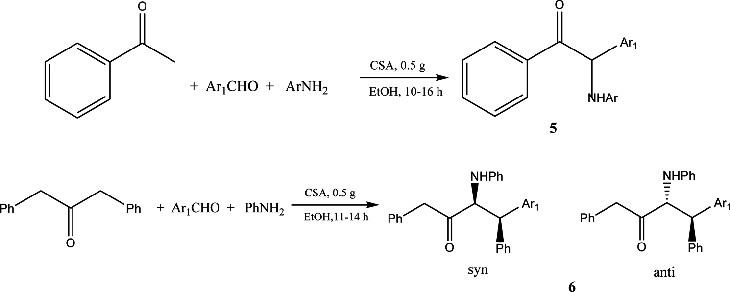 Mannich-type reaction of aromatic aldehydes, anilines with acetophenone, and 1,3-diphenylpropan-2-one.