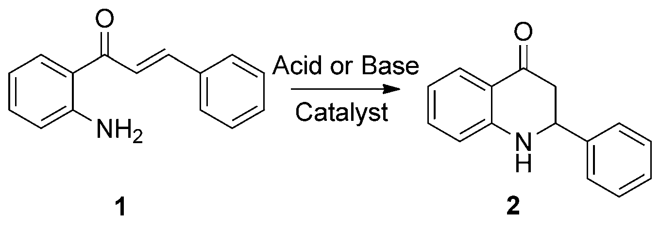 Synthesis of 2-phenyl-2,3-dihydroquinolin-4(1H)-one (2) from 2'-aminochalcone (1). 