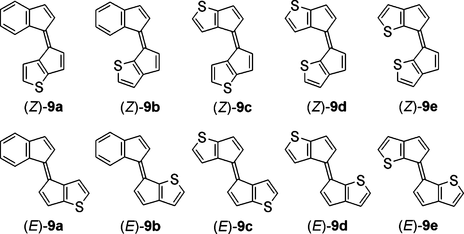 Phenylthienylethenes 9a,b and dithienylethenes 9c-e.