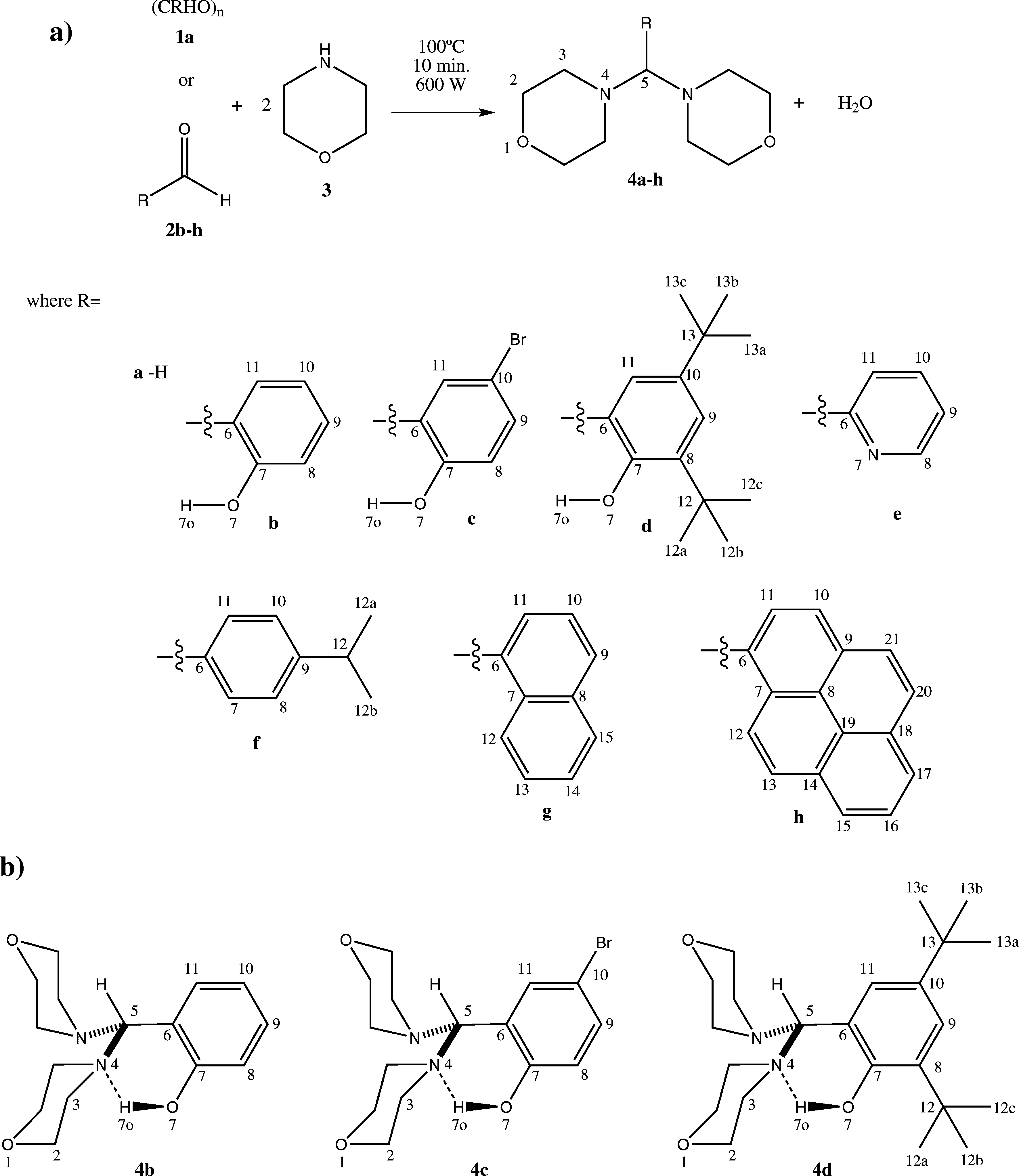 (a) Solvent-free microwave-assisted reaction of aldehydes (1a, 2b-h) with morpholine (3) to give compounds 4a-h. (b) Hydrogen bonds exist in compounds 4b, 4c, and 4d.