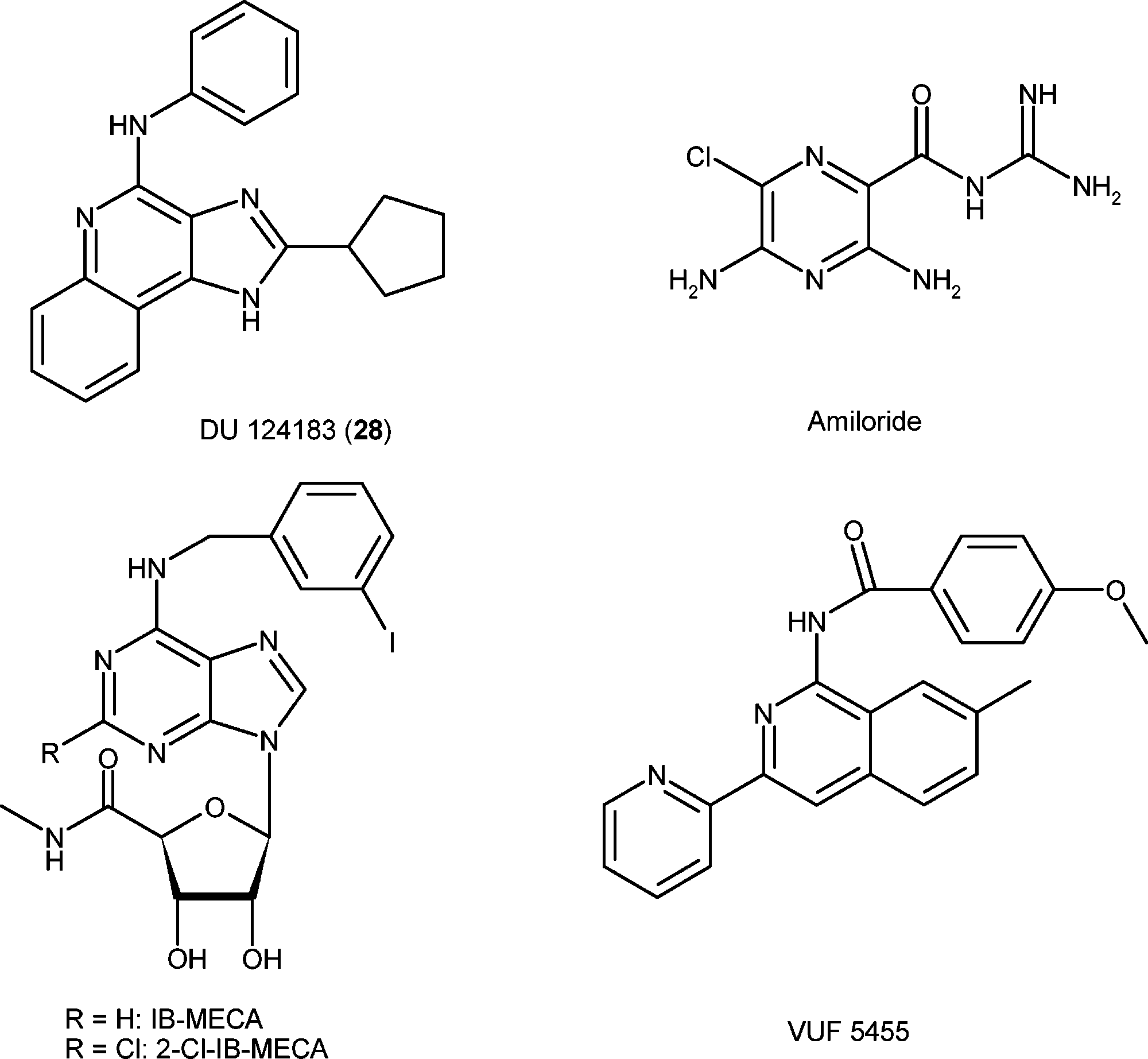 Structures of reference agonists (IB-MECA and 2-Cl-IB-MECA) and allosteric modulators (DU 124183, amiloride, and VUF5455) of the A3AR. 