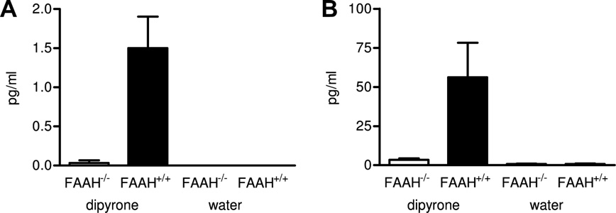 Concentrations of 5 (A) and 6 (B) in the brain of wild-type mice (FAAH+/+) and of FAAH knockout mice (FAAHÀ/À) after administration of dipyrone or water for five days (n = 3 mice/group, mean SEM).