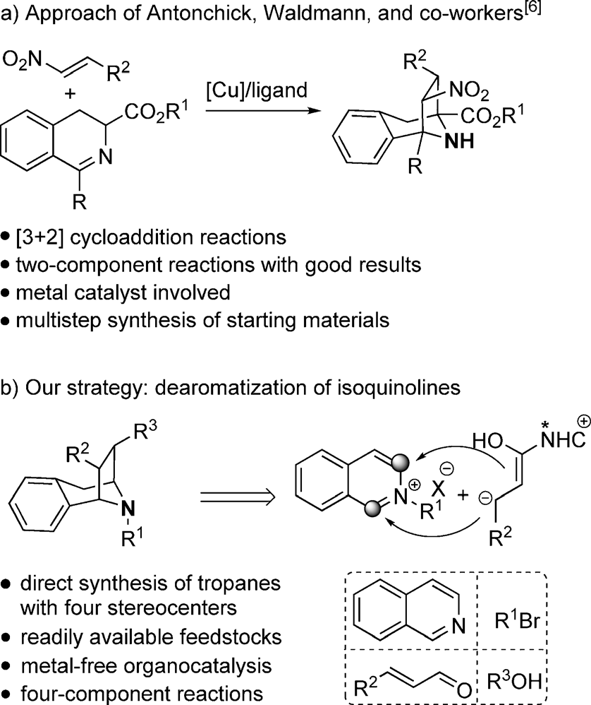 a) A reported strategy and b) our strategy for the construction of functionalized tropane derivatives. 
