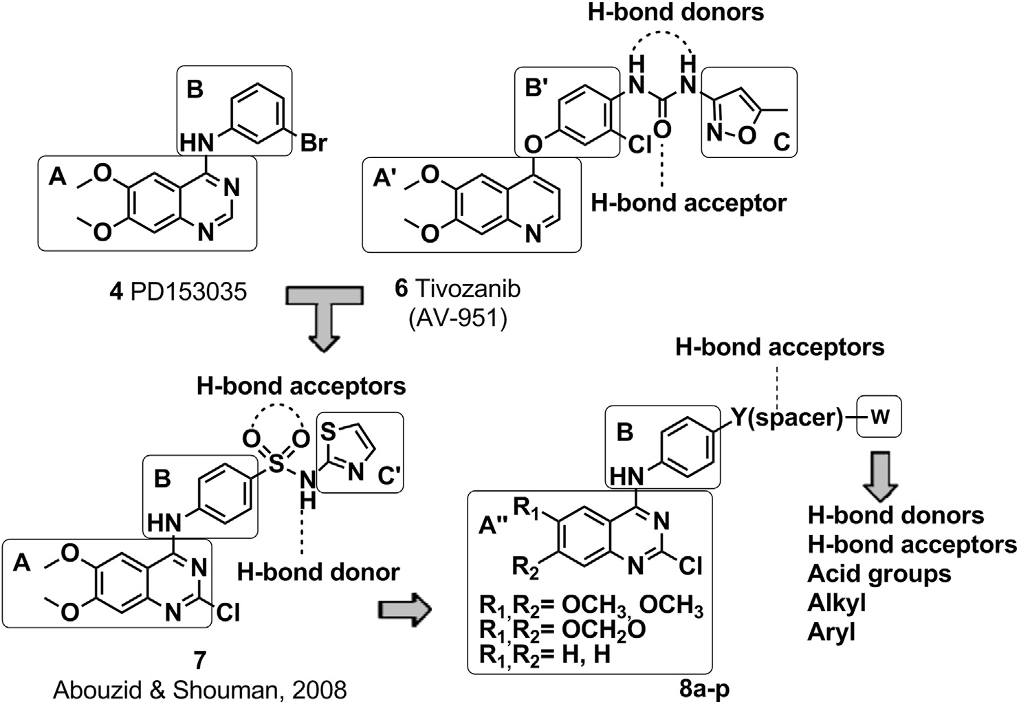 Structural design of the target 2-chloro-4-anilino-quinazoline derivatives 8aep. 