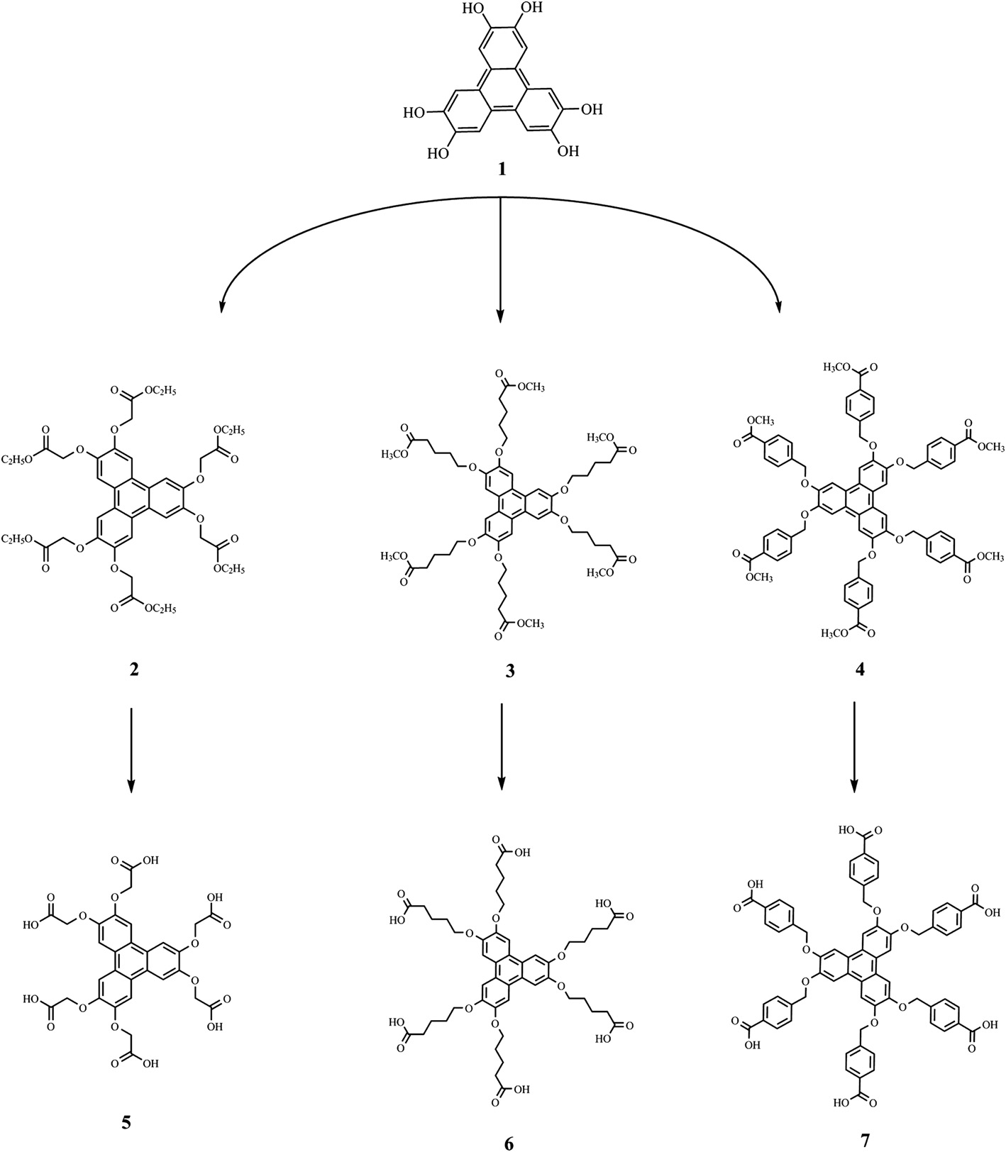 Synthesis of the carboxylic acid derivatives of triphenylene.