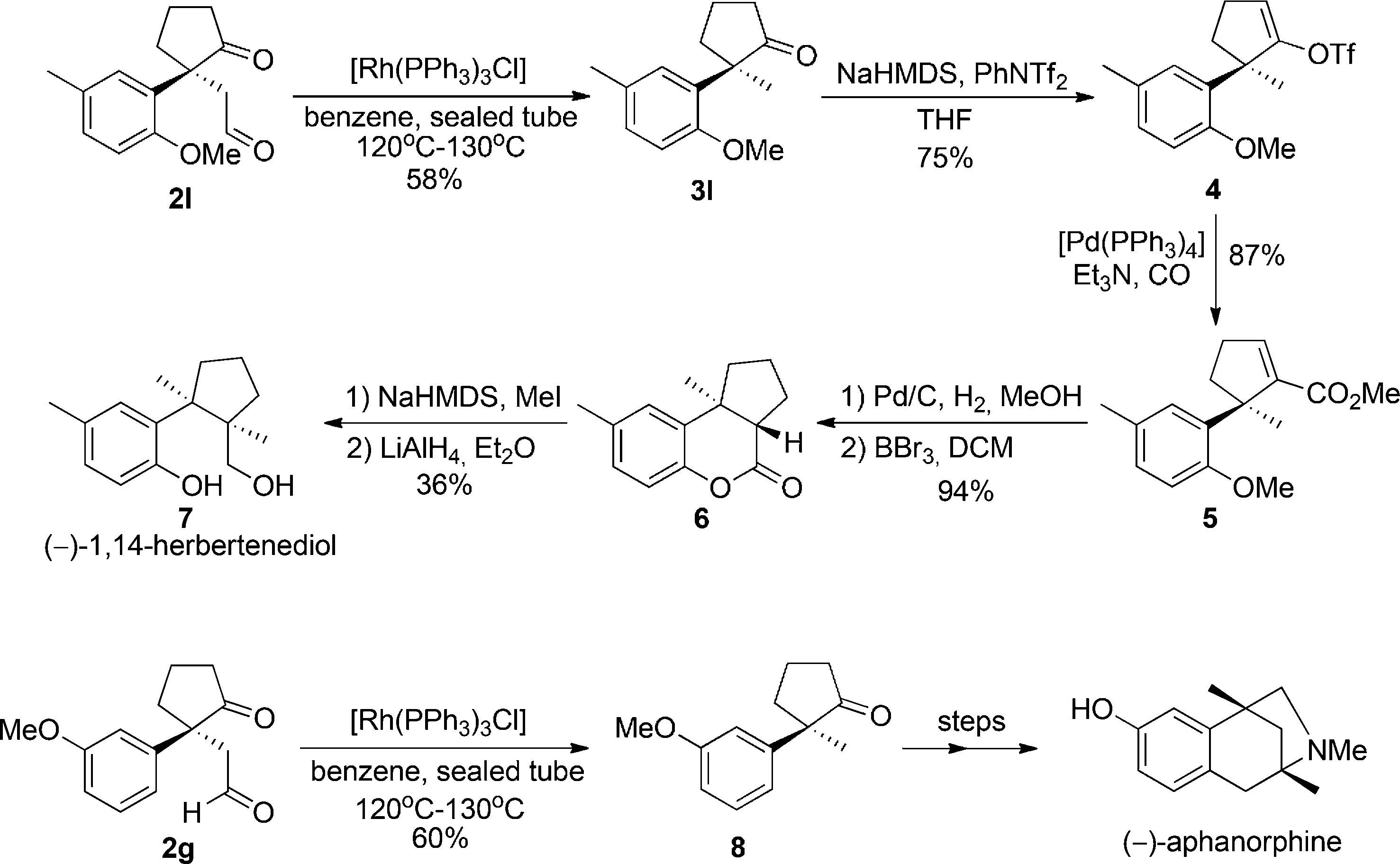 Syntheses of (-)-1,14-herbertenediol and (-)-aphanorphine.