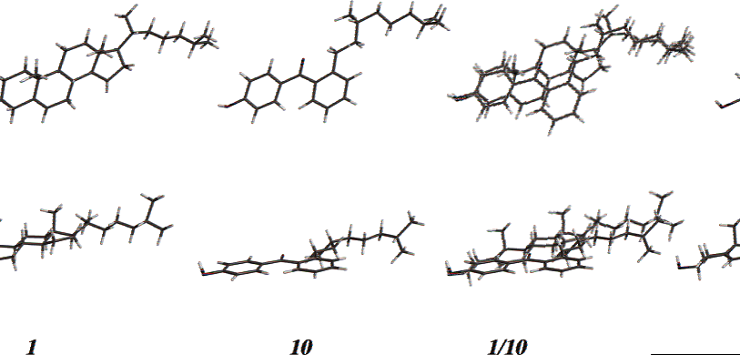 Spartan molecular modeling structures of cholesterol (1), analogue 10, and 1 superimposed on 10 in top and side views. The structure of 1 was energy minimized and that of 10 was conformationally manipulated for most effective overlap using Dreiding models as a guide.