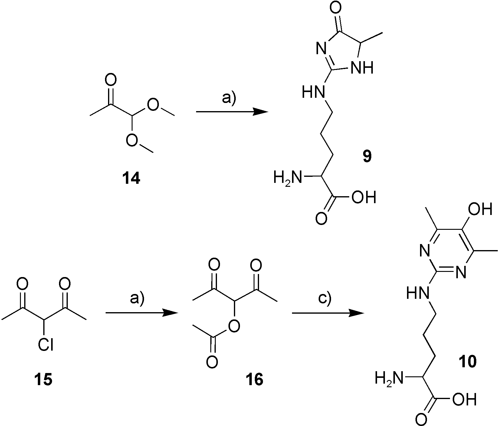 Syntheses of N5-(5-methyl-4-oxo-5-hydroimidazolon-2-yl)-l-ornithine (MG-H1, 9) and N5-(5-hydroxy-4,6-dimethylpyrimidin-2-yl)-l-ornithine  (argpyrimidine, Apy, 10). a) l-Arg, HCl (12n), RT, 8 h. b) DMSO, NaOAc, RT,  3 h. c) l-Arg, HCl (12n), RT, 20 h.