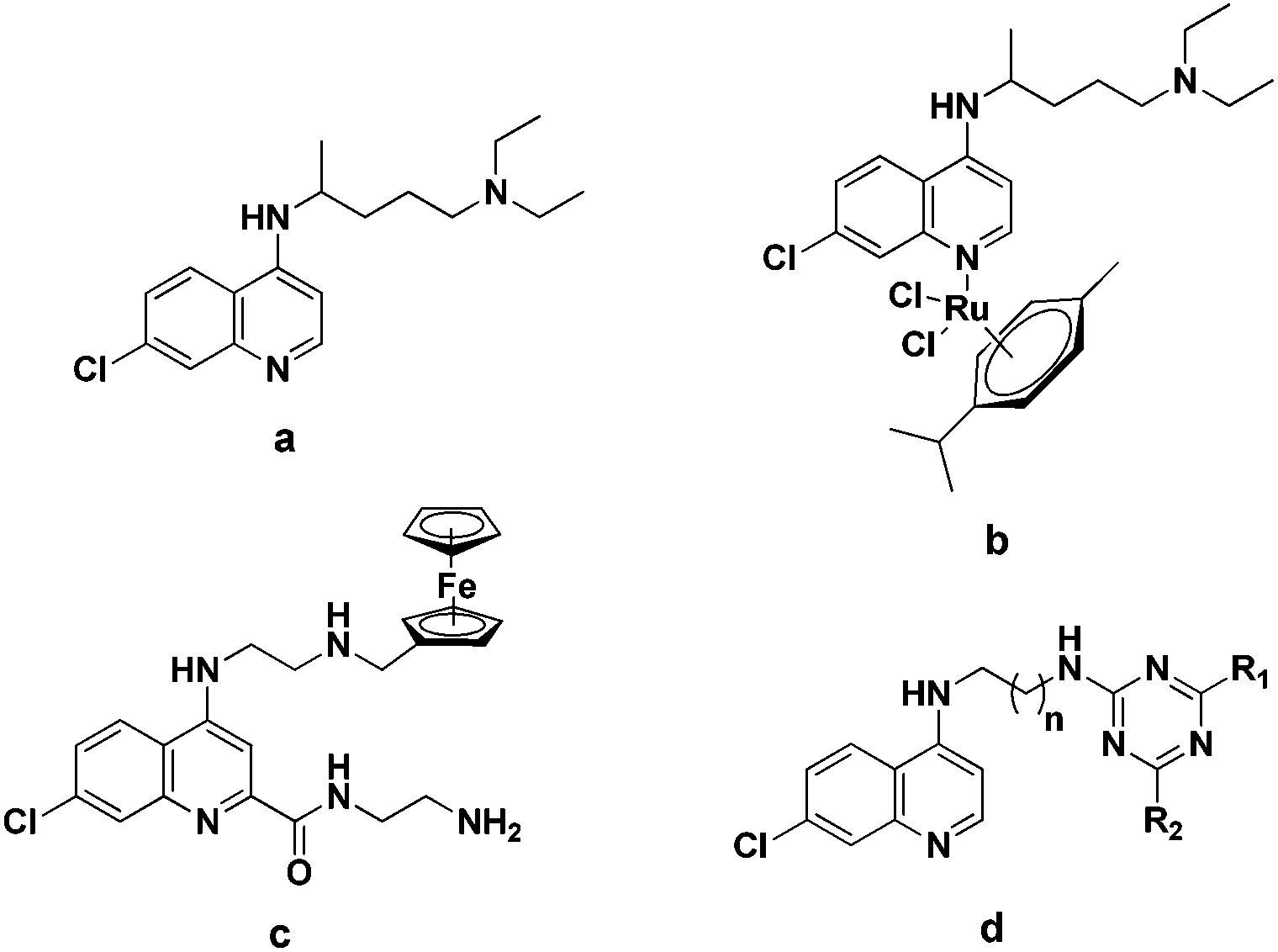 (a) Chloroquine (CQ); (b) ruthenium(II) complex of CQ; (c) fer-rocenyl-aminoquinoline-carboxamide based bio-organometallics; (d)  general structure of 4-aminoquinoline-triazine based hybrids.