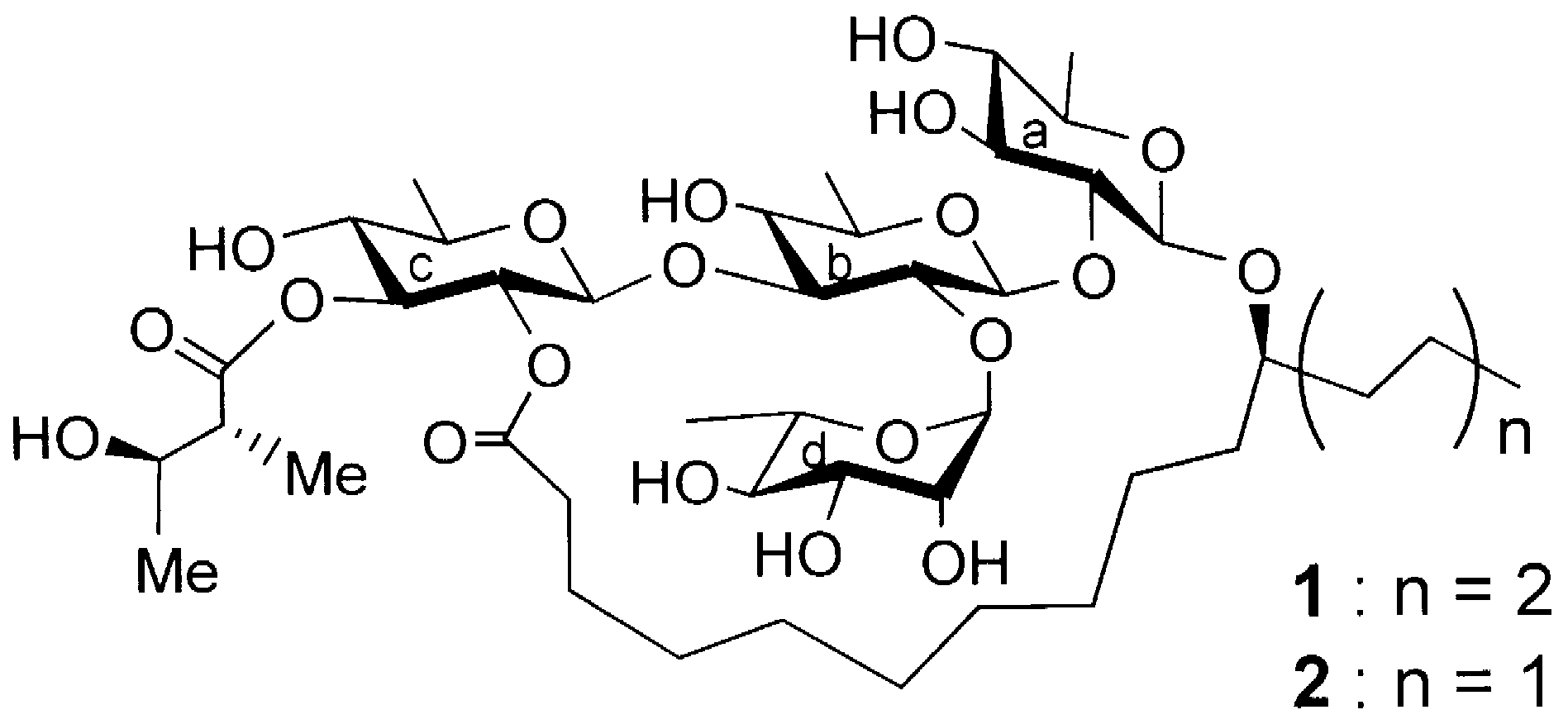 Calonyctin is a mixture of homologous glycolipids consisting of a common deoxygenated  tetrasaccharide residue and 11-hydroxy fatty acids, which are named calonyctin A1 (1) and A2 (2),  respectively (Fig. 1).