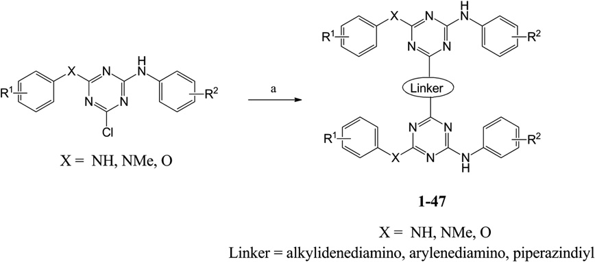 Synthesis of triazine dimers 1–47. Reagents and conditions: (a) diaminoalkanes/diaminobenzene/piperazine, DIPEA, dry dioxane, 110 °C.