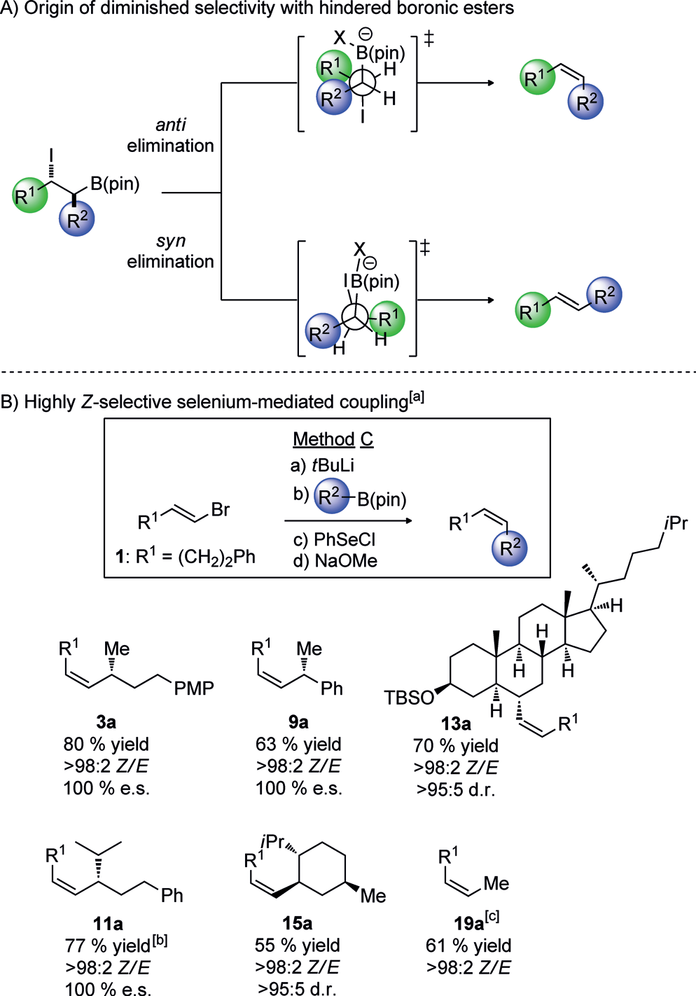 Highly Z-selective olefination. [a] Vinyl bromide  (1.05 equiv), tBuLi (2.1 equiv), THF, À788C; then boronic ester  (1.0 equiv), THF, À788C; then PhSeCl (1.2 equiv), THF, À788C to RT;  then NaOMe (5.0–20.0 equiv), THF/MeOH (1:1), 08C or RT. [b] PhSe-  SePh removed by oxidation with H2O2. [c] Ate complex formed with 16  and MeLi (1.05 equiv).