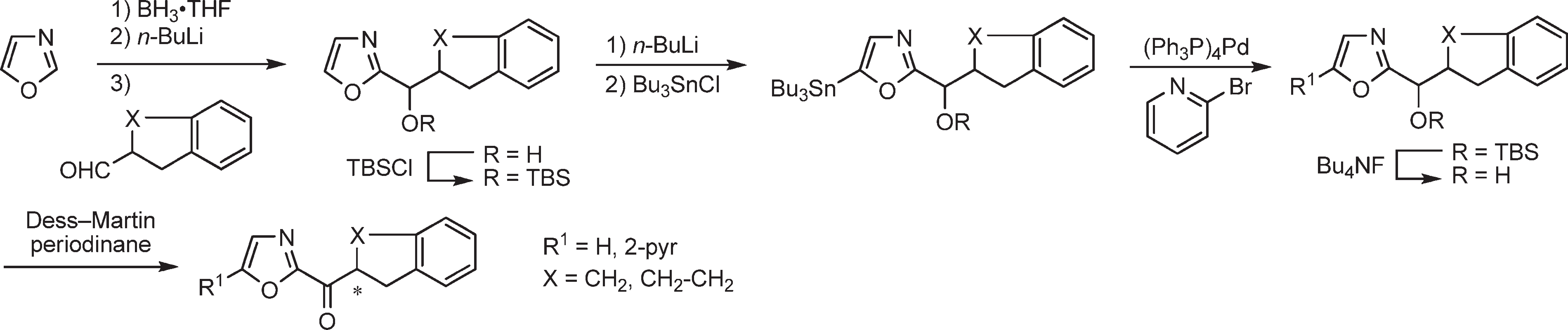 Stille coupling with 2-bromopyridine produced the C5-substituted oxazoles, which were converted to the corresponding ketones by TBS ether deprotection (Bu4NF) and oxidation of the  liberated alcohols using Dess-Martin Periodinane.