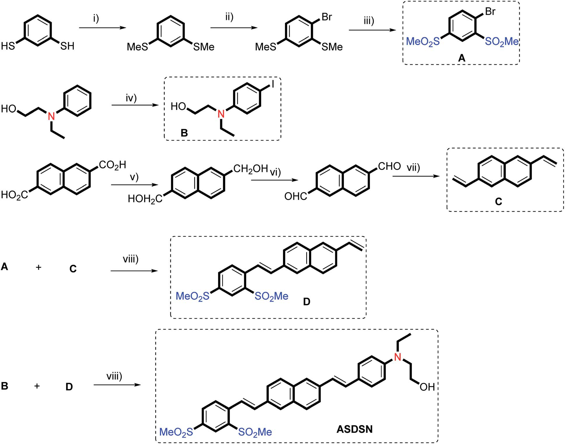 Synthetic routes to prepare compound ASDSN. (i) K2CO3, Me–I, acetone, 50 ℃, 6 h. (ii) Bu4NBr (5 mol%), HNO3 (15% w/w),  dichloroethane, 20 ℃. (iii) AcOH, H2O2, CH2Cl2, 0 ℃-reflux, 2 h. (iv) I2, dioxane/pyridine, 0 ℃ to rt, 3 h. (v) LiAlH4. (vi) PCC. (vii) Ph3PMeBr, KOtBu,  THF, rt, 18 h. (viii) Pd(OAc)2 (1.2–1.8 mol%), bis[(2-diphenylphosphino)phenyl] ether (DPEPhos) (2.5–3.6 mol%), K2CO3, DMF, 120 ℃, 6–12 h.