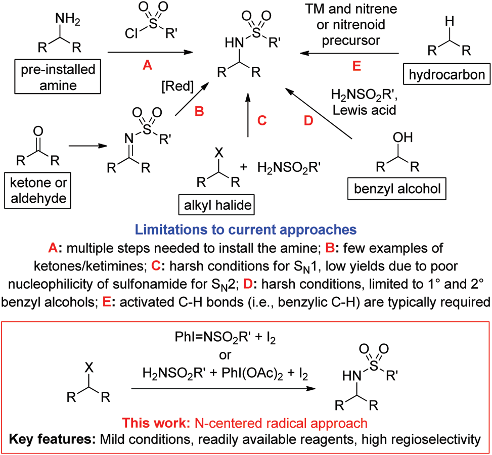 Current approaches for installation of a N-alkyl sulfonamide unit to a hydrocarbon core.