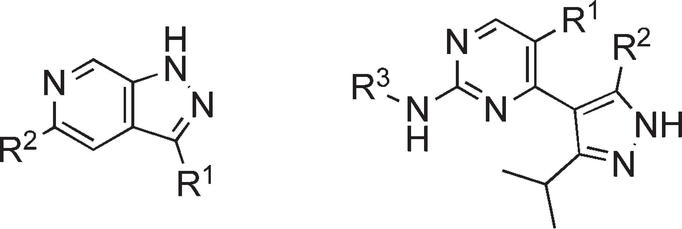Pyrazolopyridine and 4-(pyrazol-4-yl)pyrimidines inhibitors.