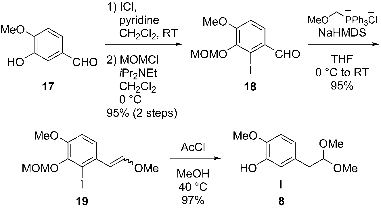 Preparation of phenol unit 8. MOM=methoxymethyl, NaHMDS=sodium bis(trimethylsilyl)amide.