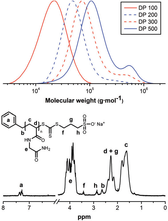 Molecular characterization of homopolymers of 1 prepared by RAFT polymerization: (top) SEC chromatograms of different DPn samples recorded at 70 1C in DMSO; (bottom) H NMR spectrum of the homopolymer of 1 with an average chain length of 100 Å recorded in D2O.