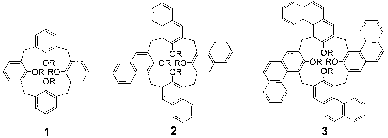 Scaffolds of the homologue calix[4]arene (1), calix[4]naphthalene (2) and calix[4]phenanthrene (3).