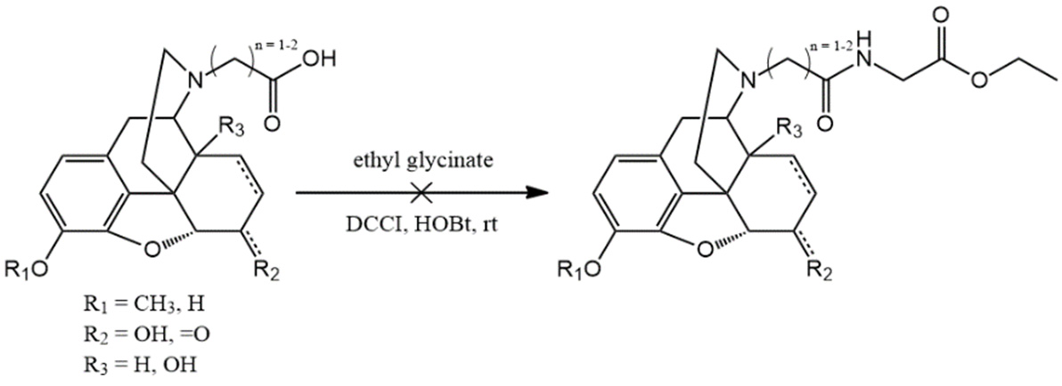 Attempted amino acid coupling: glycine ethyl ester, N,N'-dicyclohexyl carbodiimide (DCCI)  or 1-ethyl-3-(3-dimethylaminopropyl)-carbodiimide (EDAC), 1-hydroxybenzotriazole (HOBt), water,  room temperature.