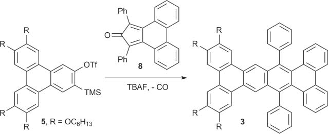 Synthesis of substituted tetrabenzo[a,c,j,l]tetracene 3.