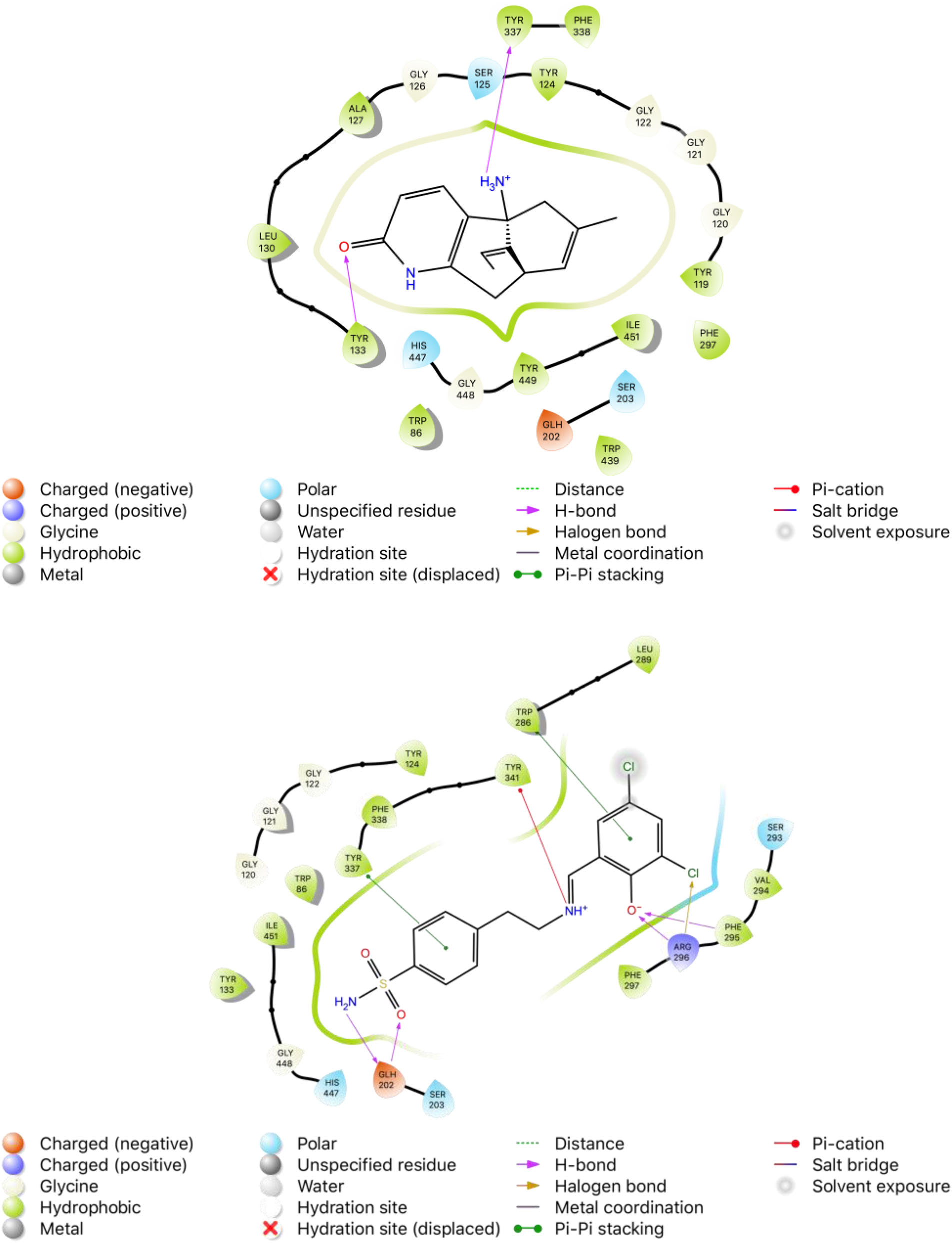 2D binding modes of native ligand huperzine A (HUP) and compound 10 in the active site of AChE (PDB ID: 4EY5), respectively.