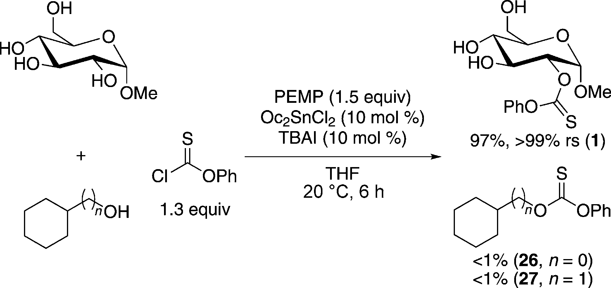 Competitive thiocarbonylation between methyl α-D-glucopyranoside and monoalcohols.