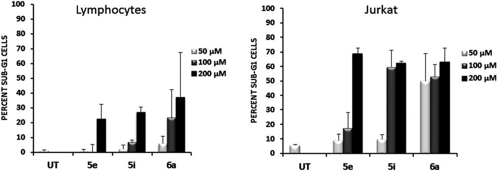 Effect of indicated compounds on primary lymphocytes and Jurkat cells. Primary cell line N1 and Jurkat cells were treated for 48 h at the indicated doses of compounds 5e, 5i and 6a and cell cycles were analysed by flow cytometry after staining with propidium Iodide.