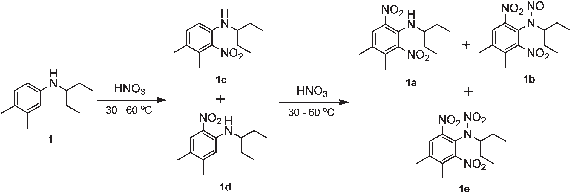 Conventional two-step dinitration of N-(1-ethylpropyl)-3,4-xylidine (1) in the batch system. 
