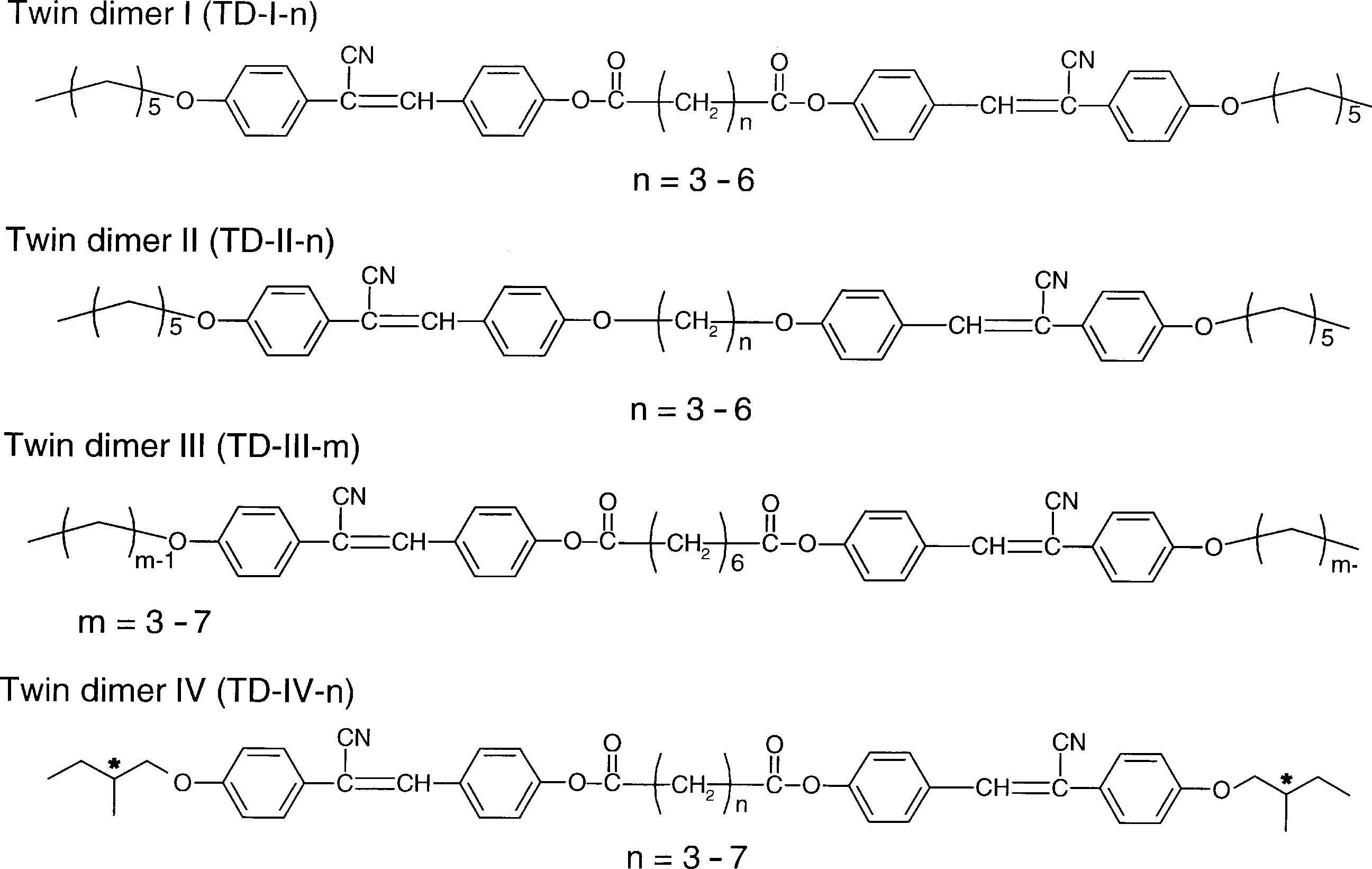 Chemical structures of twin dimers containing cyanostilbene derivatives.