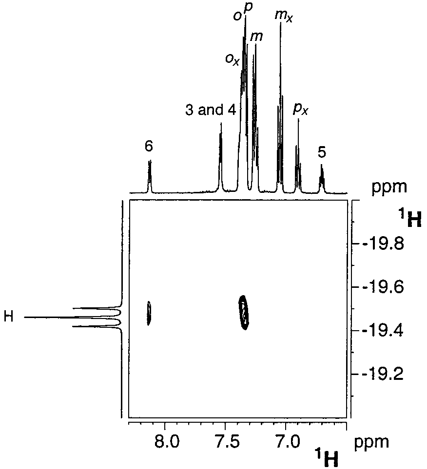 Section of the 1H-NOESY NMR spectrum of complex 1d recorded at 400.13 MHz in methylene chloride-d2 (298 K) showing the selective intramolecular interactions of the hydrides with protons H-6 and H-o.