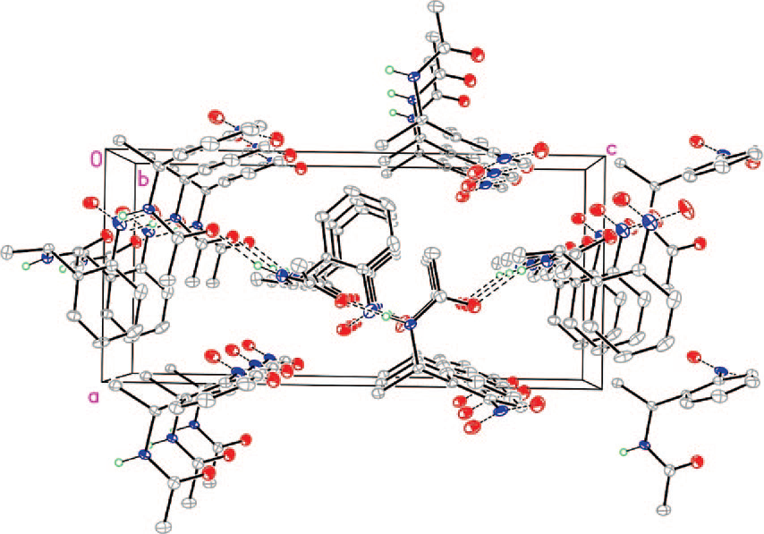 X-ray crystal structure of acetamide 6. The unit cell is  indicated; intermolecular hydrogen bonds are shown in dashed gray.