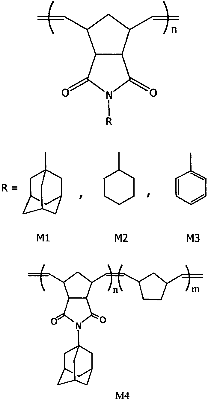 Schematic representation of the repeating units of poly(N-(1-adamantyl)-exo-norbornene-5,6-dicarboximide) (M1), poly(N-cyclohexyl-exo-norbornene-5,6-dicarboximide) (M2), poly-(N-phenyl-exo-norbornene-5,6-dicarboximide) (M3), and copolymers of N-(1-adamantyl)-exo-norbornene-5,6-dicarboximide with norbornene.