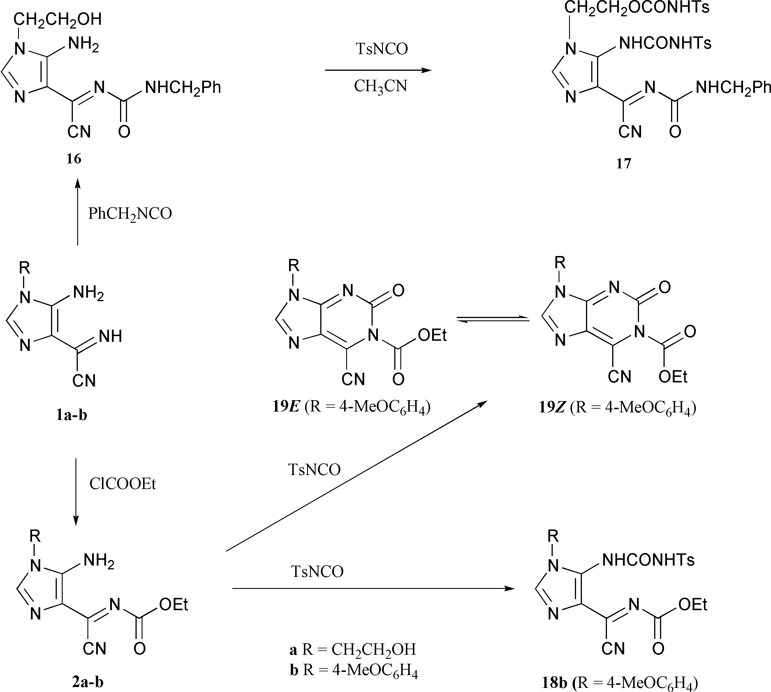 Use of imidazoles 2 and 16 in the reaction with tosyl isocyanate (Scheme 6).