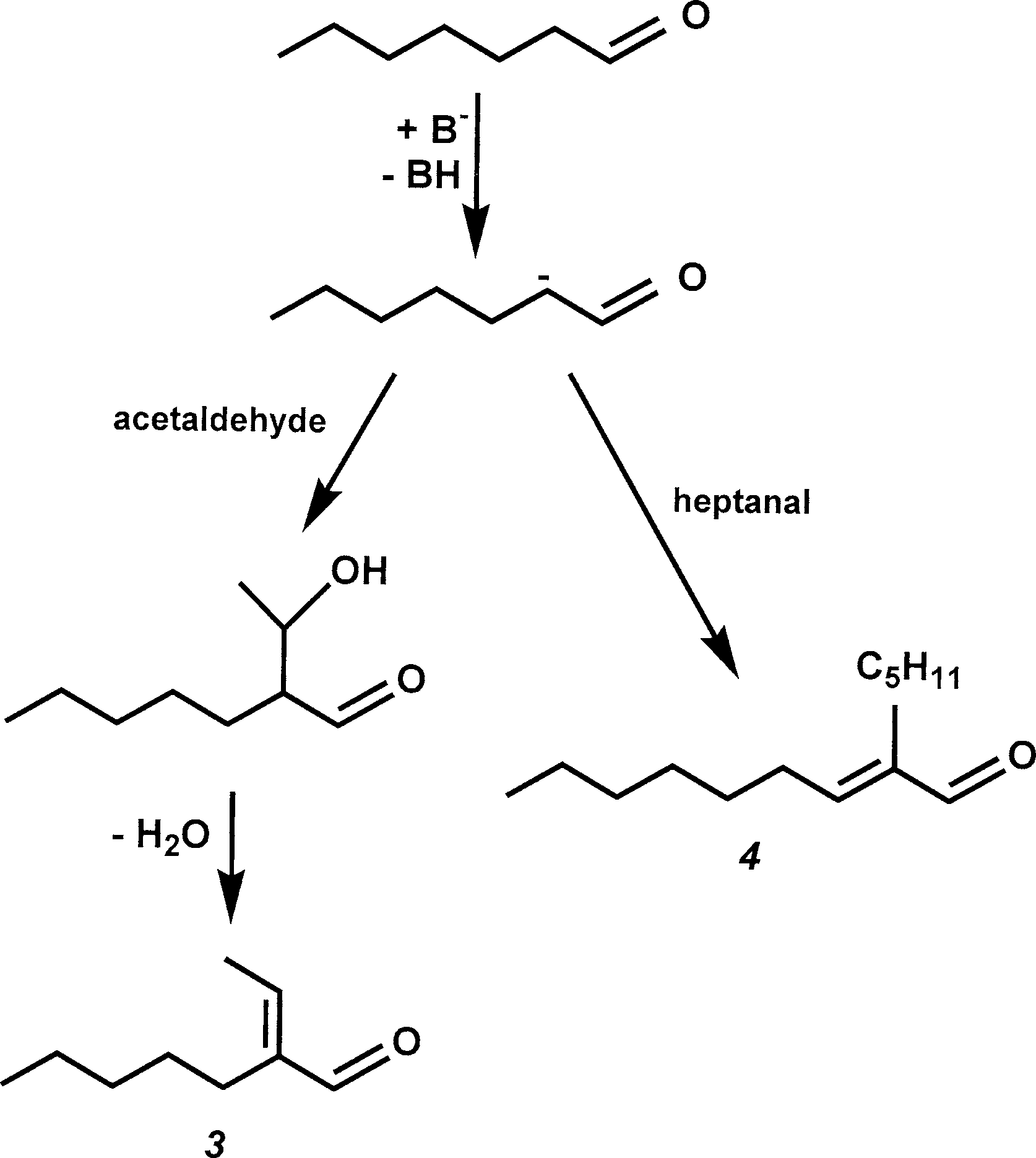 Cross- and self-condensation from the carbanion of heptanal.