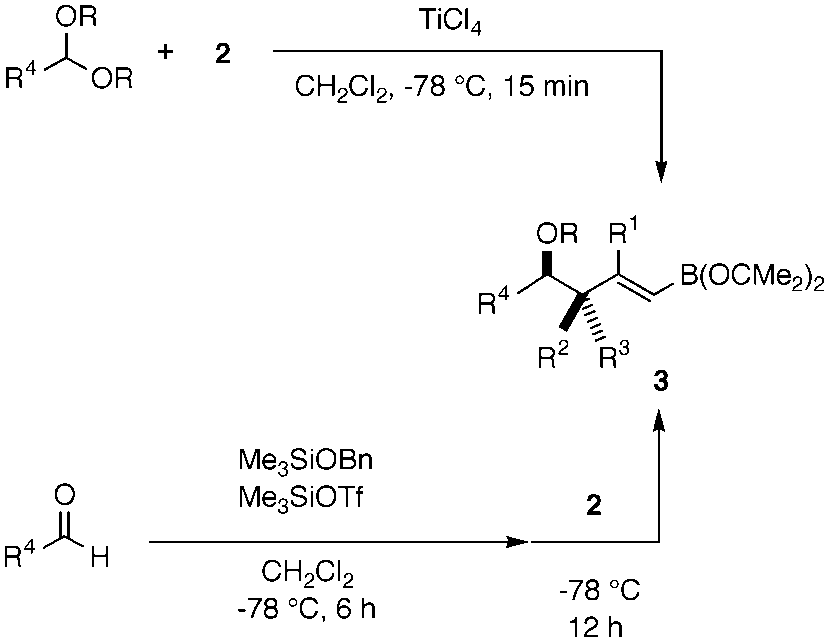 Allylation of acetals or aldehydes as allylic silanes. Bn = benzyl,  OTf = trifluoromethanesulfonate.